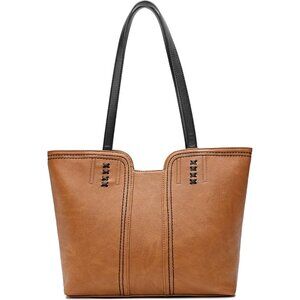 👑Women's Amber Brown Leather Classic Top Handle Zipper Pockets Casual Tote Bag